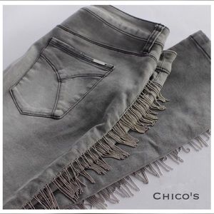 NWT CHICO’S BLACK LABEL GRAY W/FRINGE JEANS